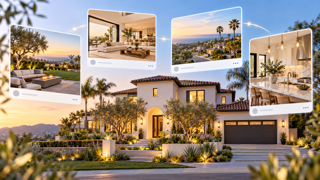 A home with 4 small photos floating above it showing a variety of images of the inside of the home.
