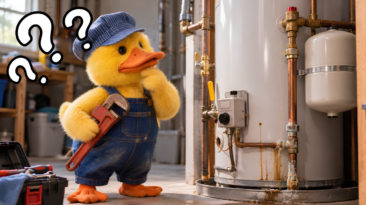 Toy duck dresses as a plumber look at a potentially broker water heater that has some rusty parts on it.