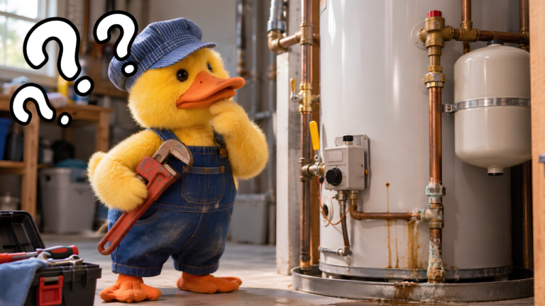 Toy duck dresses as a plumber look at a potentially broker water heater that has some rusty parts on it.