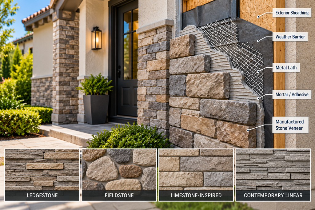 View of front of a home with section of wall removed to show different layers of what is behind a new stone veneer for a home.