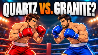 two cartoon men in a boxing ring facing off to each other as if about to fight. title above says quartz vs granite.