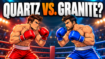 two cartoon men in a boxing ring facing off to each other as if about to fight. title above says quartz vs granite.