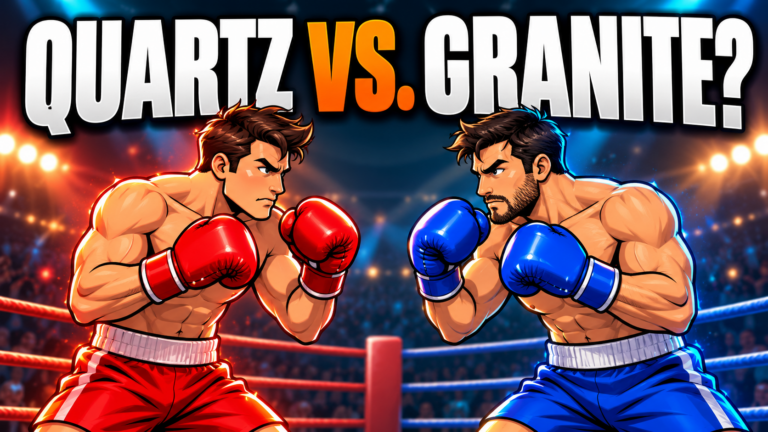 two cartoon men in a boxing ring facing off to each other as if about to fight. title above says quartz vs granite.