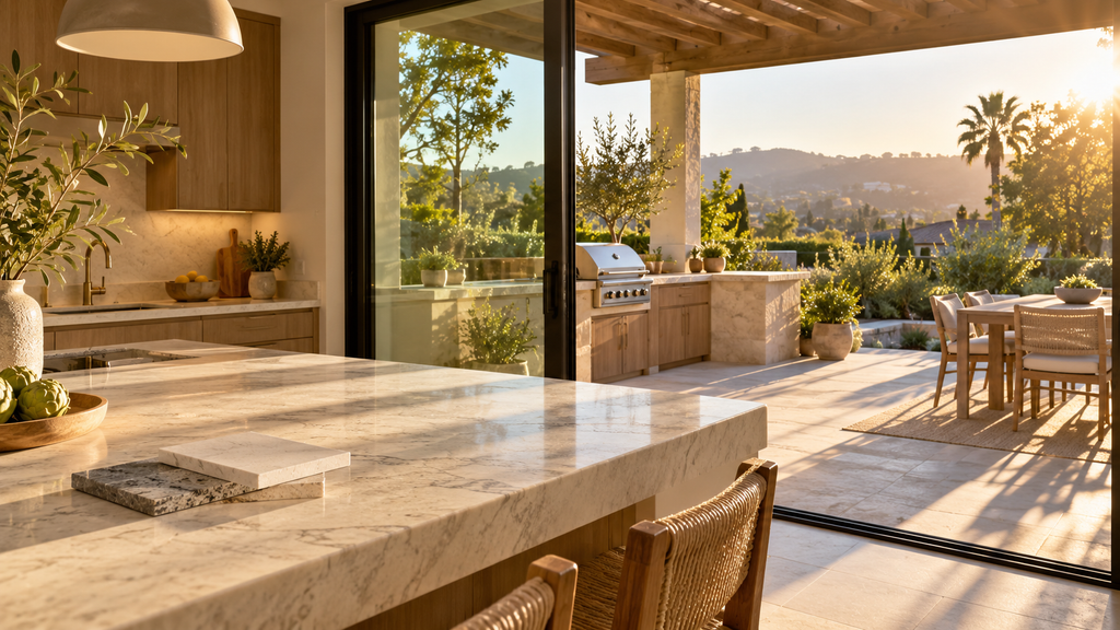Sunlight reaches an indoor kitchen island beside a patio with an outdoor cooking counter.