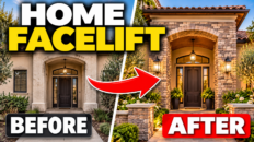 Before and after image of a home. On the left is the before look of the home and on the right side is the after look of the home with a stone veneer exterior, changing the look of the home.