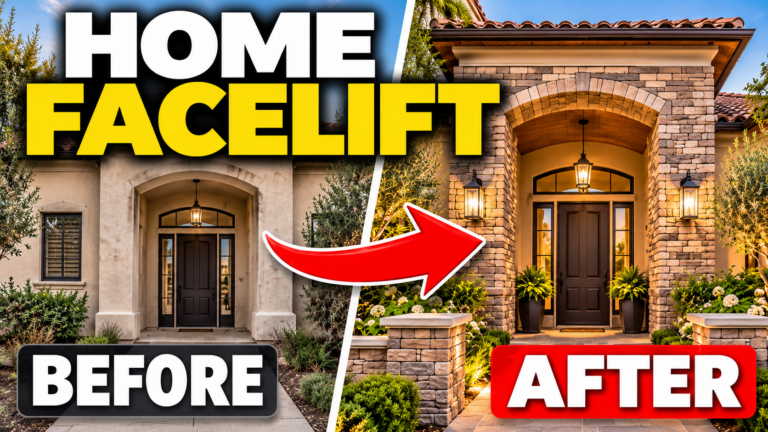 Before and after image of a home. On the left is the before look of the home and on the right side is the after look of the home with a stone veneer exterior, changing the look of the home.