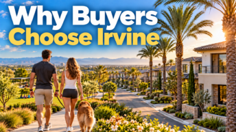 Couple overlooking Irvine homes with text “Why Buyers Choose Irvine"
