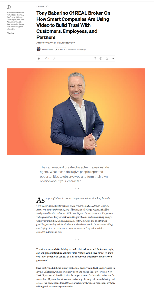 Preview of Authority Magazine article featuring Tony Babarino
