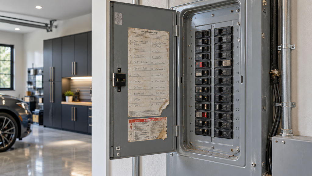 Electrical panel with the access door to it is open and located inside the garage of a luxury home.