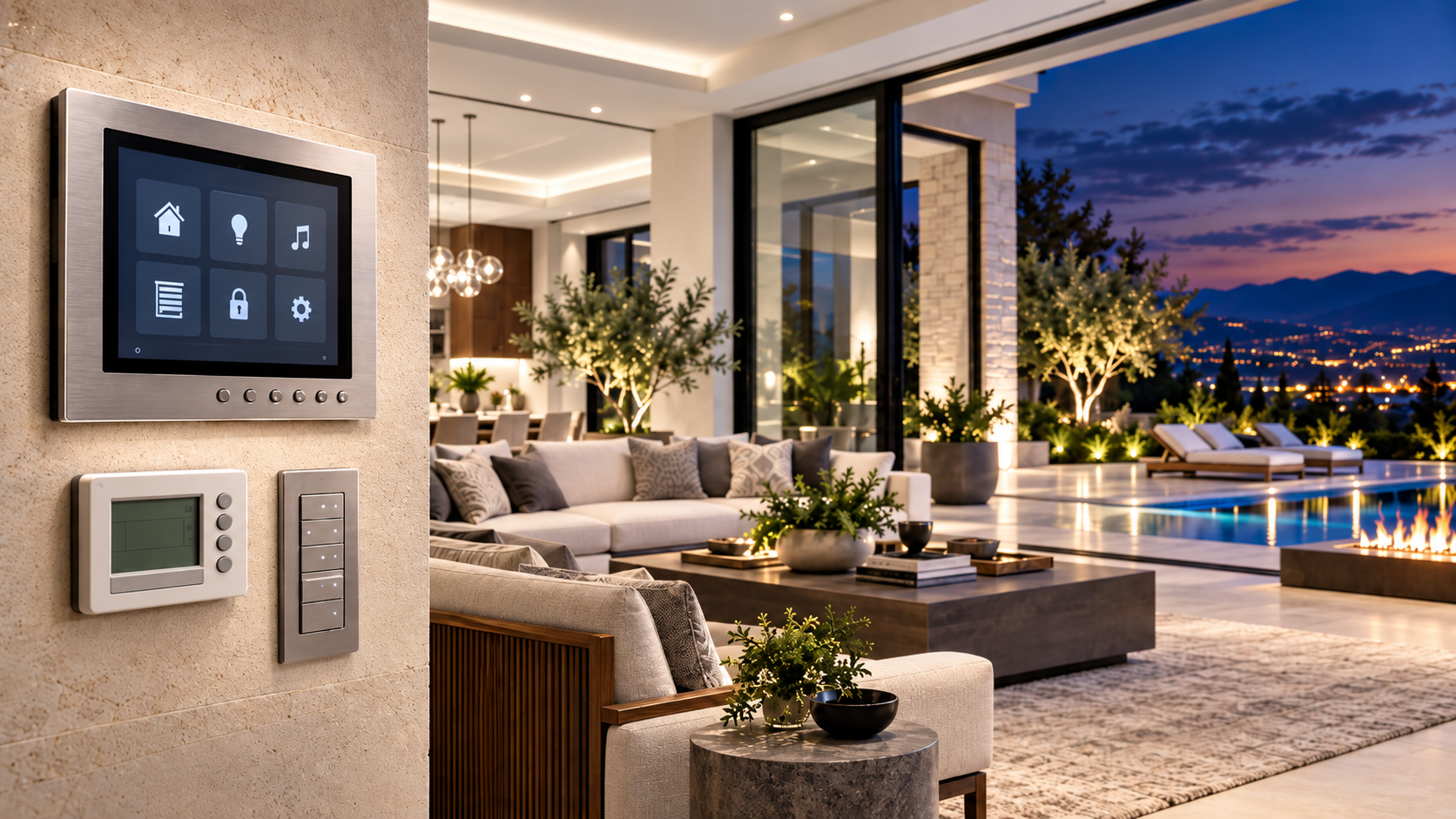 Inside image of a luxury home highlighting the security, thermostat, and light controls on a wall to the left of the frame.
