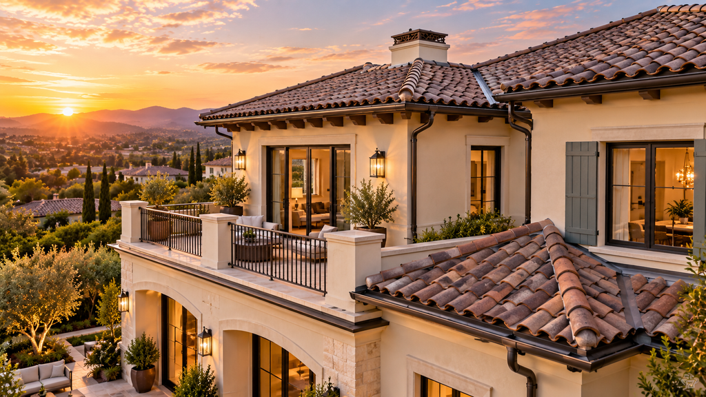 View of a luxury home and the clay tiles of the roof are easier to see in this elevated view.