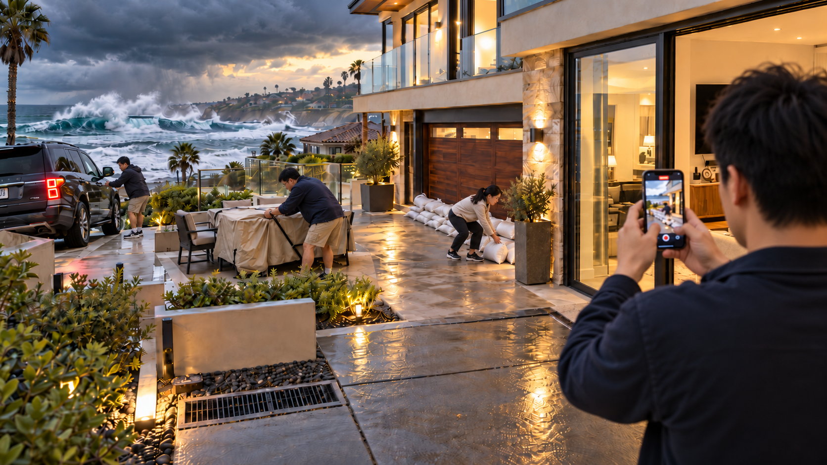 Newport Beach homeowners preparing for coastal flooding by placing sandbags, securing outdoor furniture, and documenting their property before a storm.