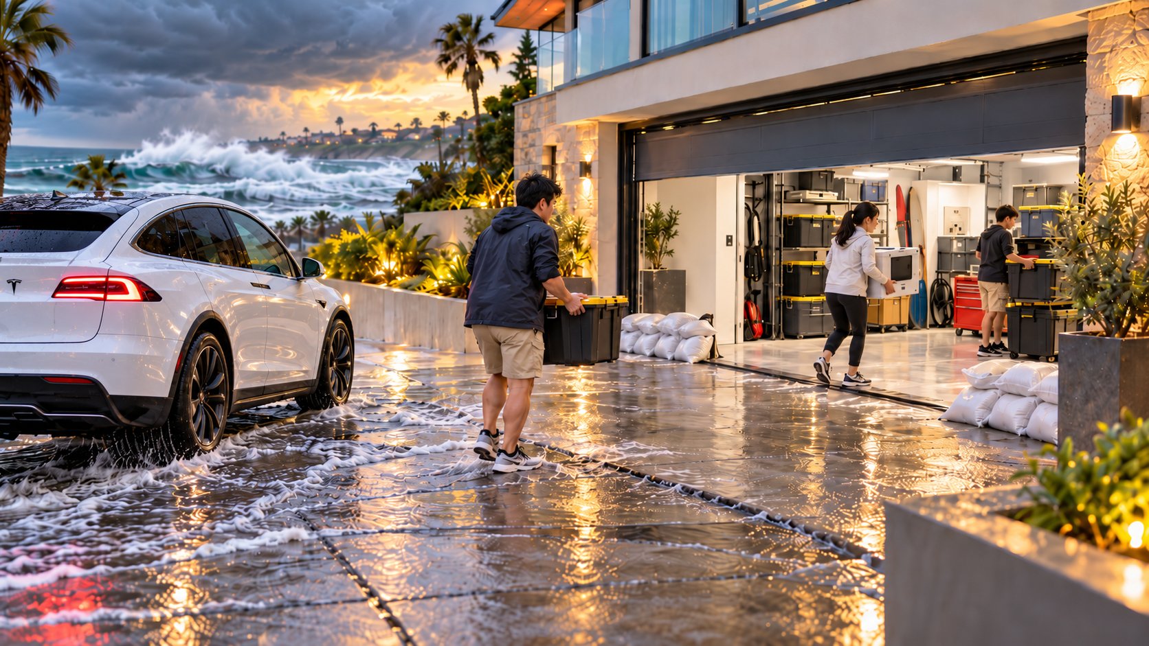 Garage flood preparation scene showing a family moving belongings out of a coastal garage and a white Tesla SUV nearby.