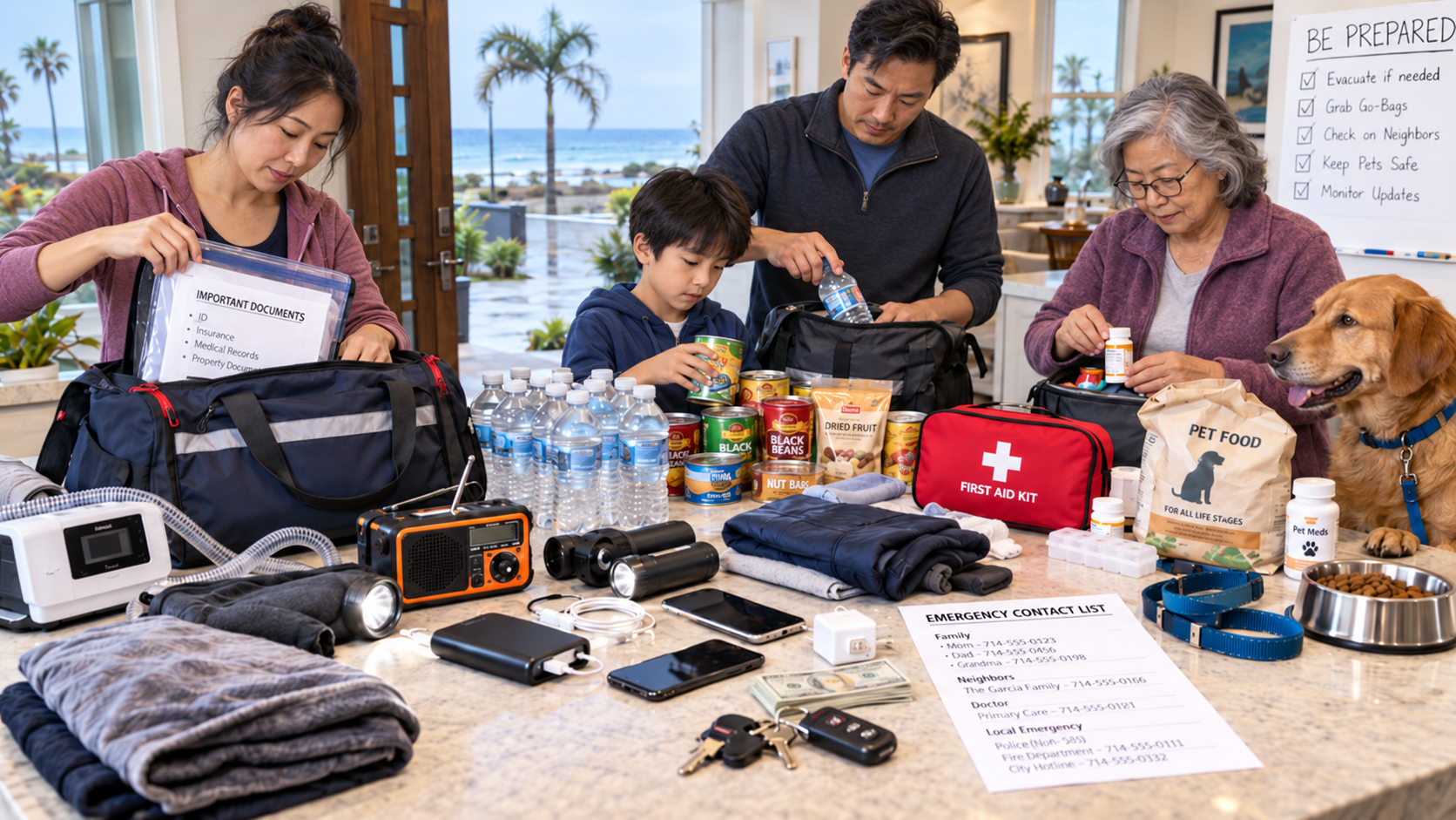 Chinese family preparing emergency supplies for coastal flooding at home.