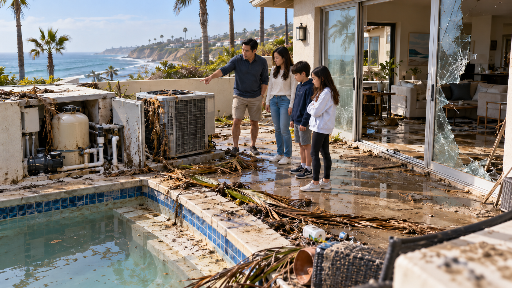 Chinese family assessing coastal flood damage at their Newport Beach home, including a damaged swimming pool, saltwater-exposed air conditioning equipment, broken sliding glass doors, and storm debris.