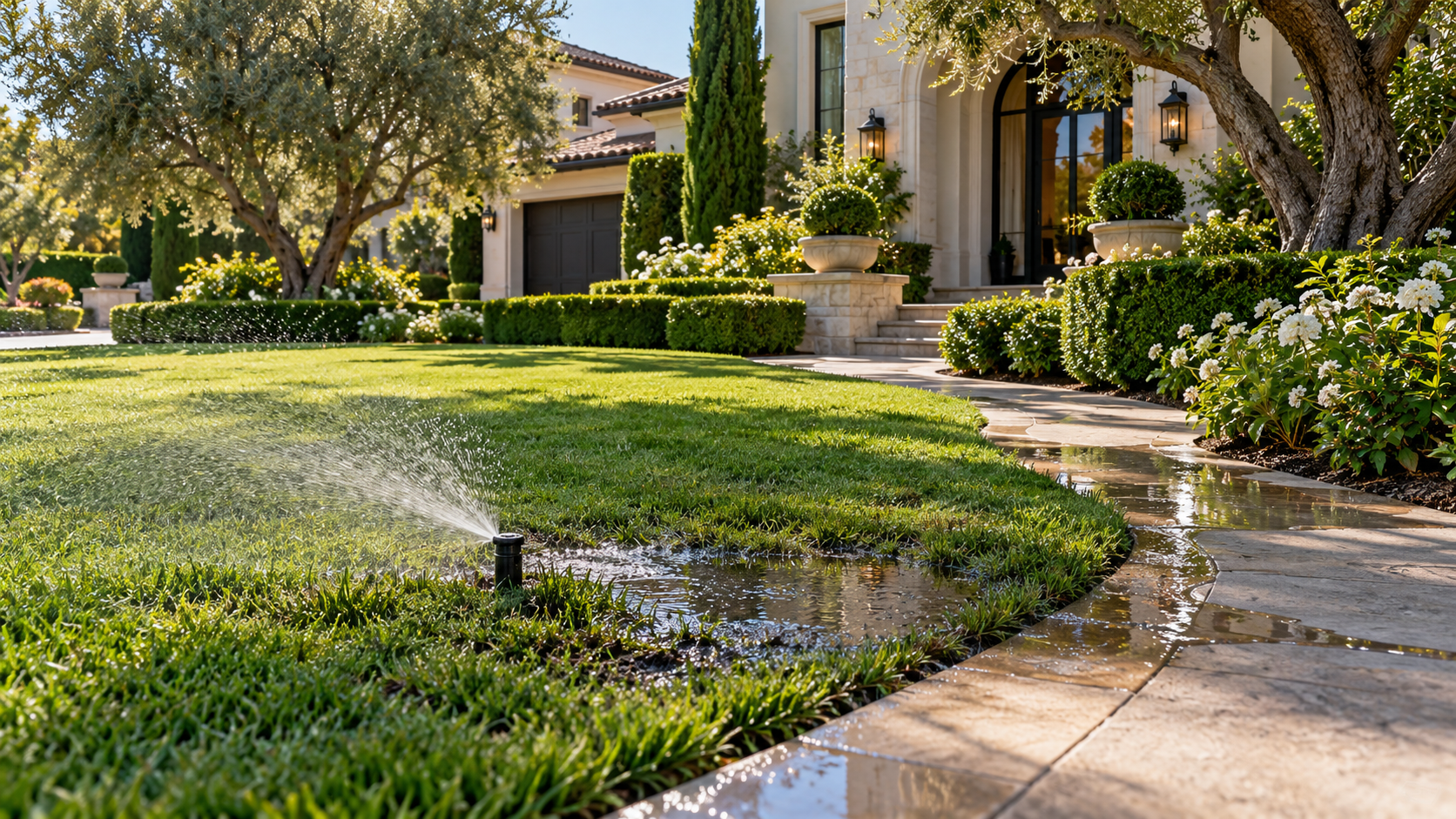 Front of luxury home with a single water sprinkler leaking water which creates a large puddle in the grass nearby and some water leaks onto the nearby walkway.
