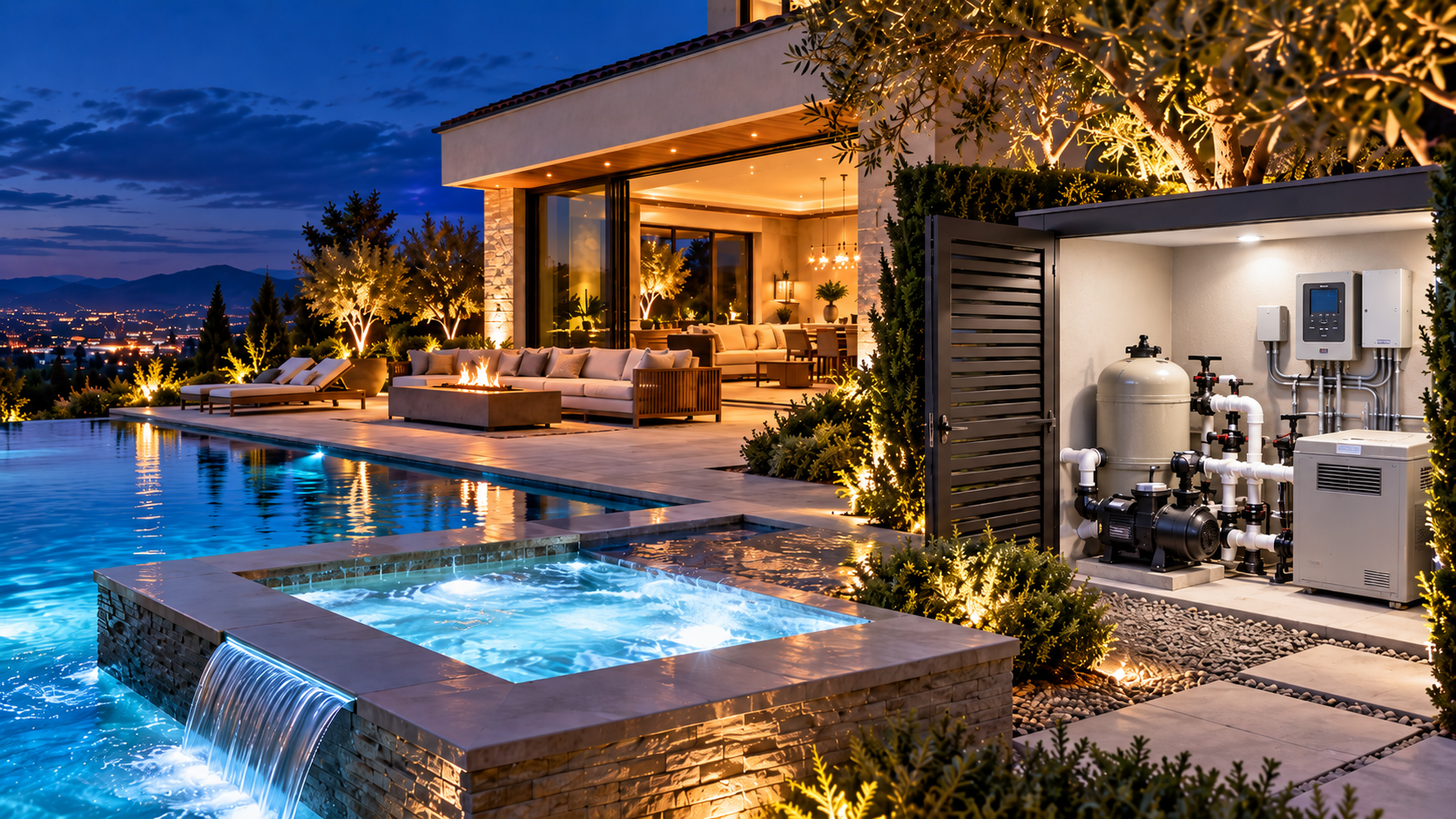 Backyard of a luxury home with a pool and spa. Off to the right the doors are open revealing the water pump, filter, and heater.