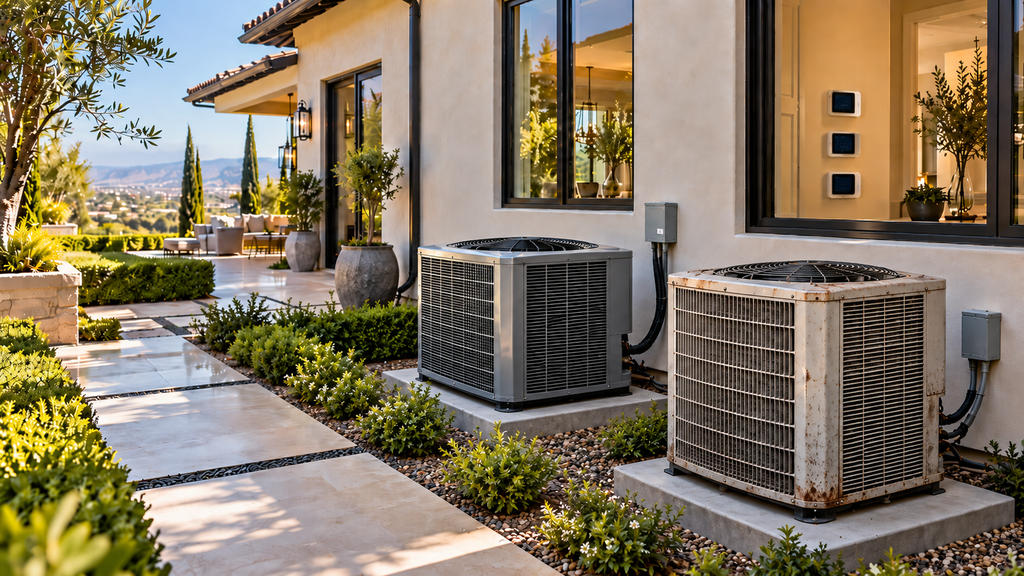 Two air conditioner compressors are located in the side yard of a luxury home and the one in the foreground shows signs of aging, wear, and minor rust. 