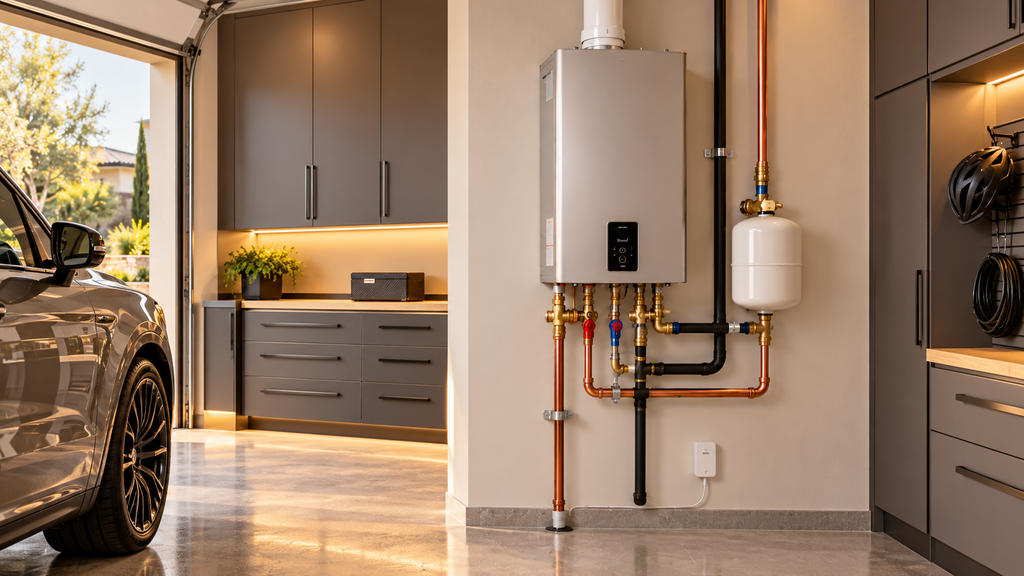 Instant water heater system on a wall in the garage of a luxury single-family home.