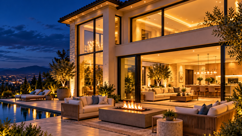 Night-time view of a luxury home with very large windows and the inside of the home is illuminated with warm-temperature lights.
